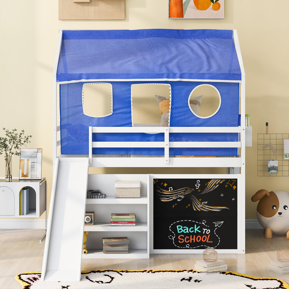 Twin over Twin House Bunk Bed with Blue Tent, Slide, Shelves and Blackboard, White - Home Elegance USA