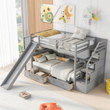 Twin over Twin Bunk Bed with Storage Staircase, Slide and Drawers, Desk with Drawers and Shelves, Gray - Home Elegance USA