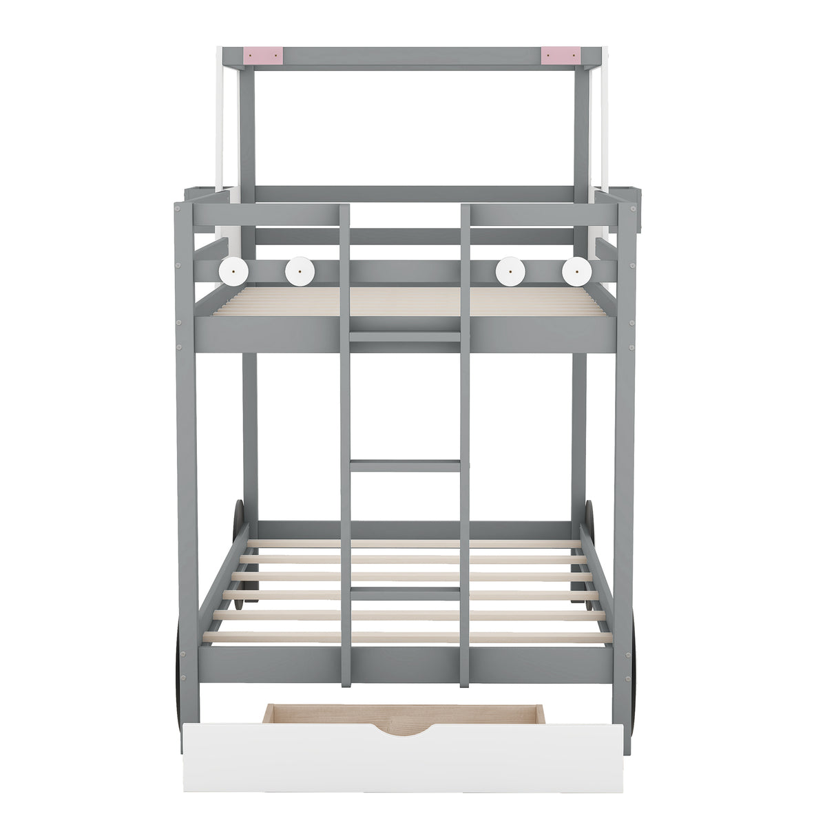 Twin over Twin Car-Shaped Bunk Bed with Wheels, Drawers and Shelves, Gray (Expected Arrival Time:7.30) - Home Elegance USA