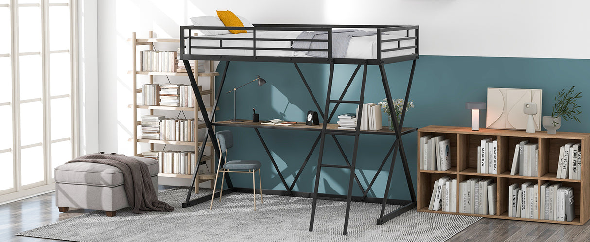 Twin Size Loft Bed with Desk, Ladder and Full-Length Guardrails, X-Shaped Frame, Black(Old SKU:SM000223AAB) - Home Elegance USA