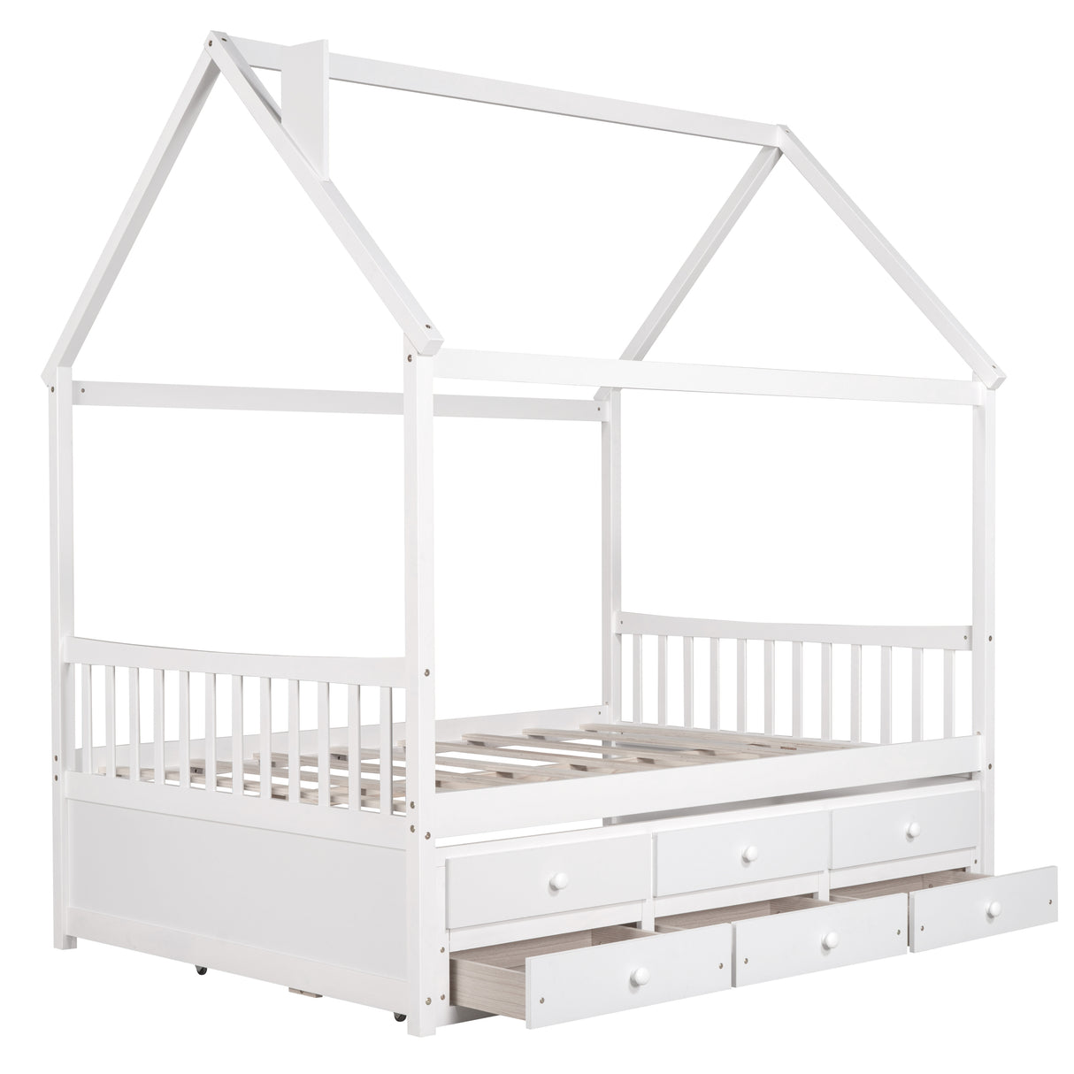 Full size Wooden House Bed with Trundle and 3 Storage Drawers-White - Home Elegance USA