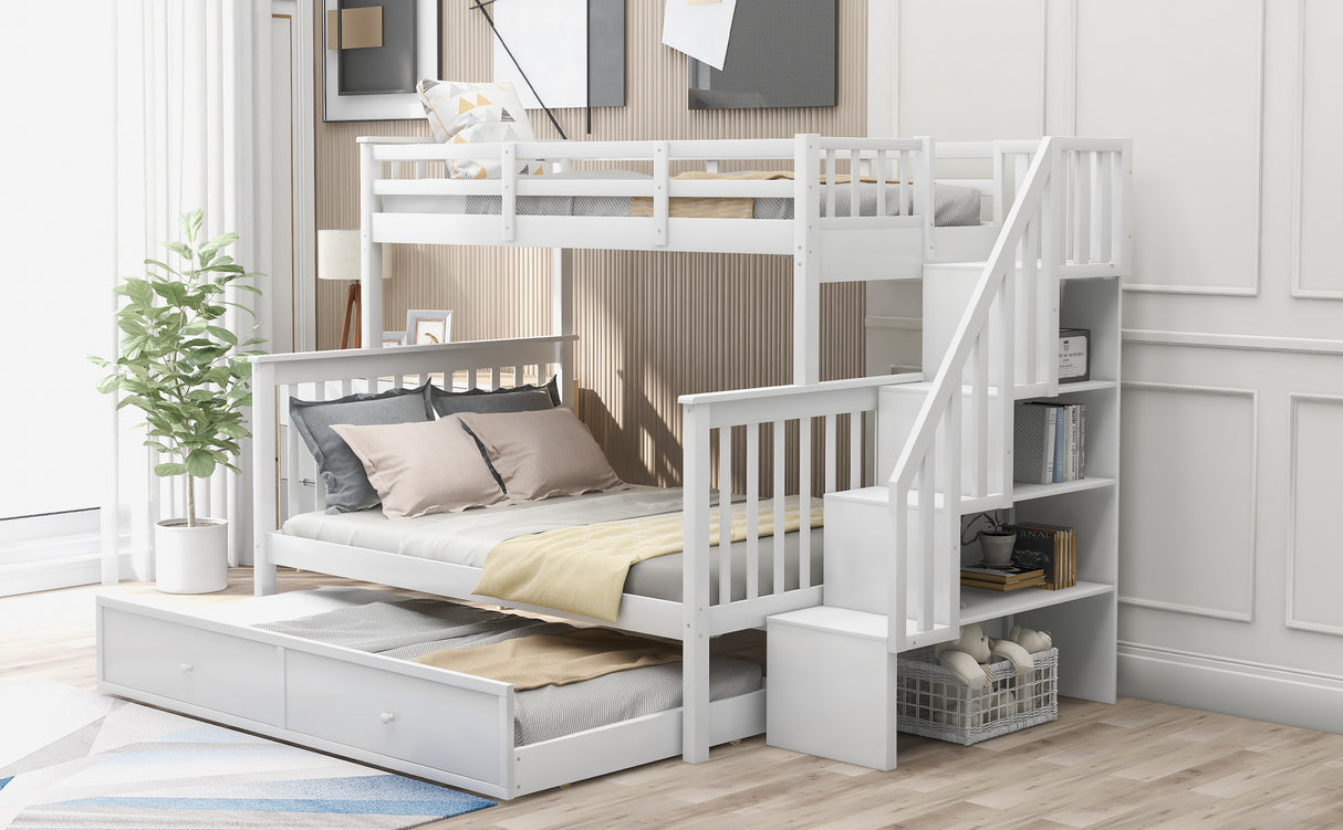 Stairway Twin-Over-Full Bunk Bed with Twin size Trundle, Storage and Guard Rail for Bedroom, Dorm, for Adults, White(OLD SKU :LP000119AAK) - Home Elegance USA