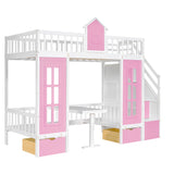 Twin-Over-Twin Bunk Bed with Changeable Table , Bunk Bed  Turn into Upper Bed and Down Desk with 2 Drawers - Pink - Home Elegance USA