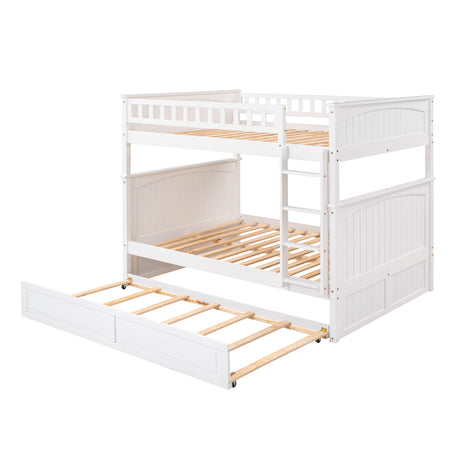 Full Over Full Bunk Bed with Twin Size Trundle, Pine Wood Bunk Bed with Guardrails, White （Old SKU:LP000044AAK）