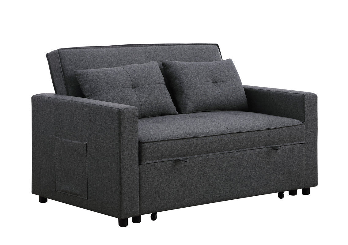 Zoey Dark Gray Linen Convertible Sleeper Loveseat with Side Pocket Home Elegance USA