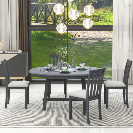 TREXM 5-Piece Wood Dining Table Set Round Extendable Dining Table with 4 Dining Chairs, Dining Room Table Set for 4 person for Dining Room