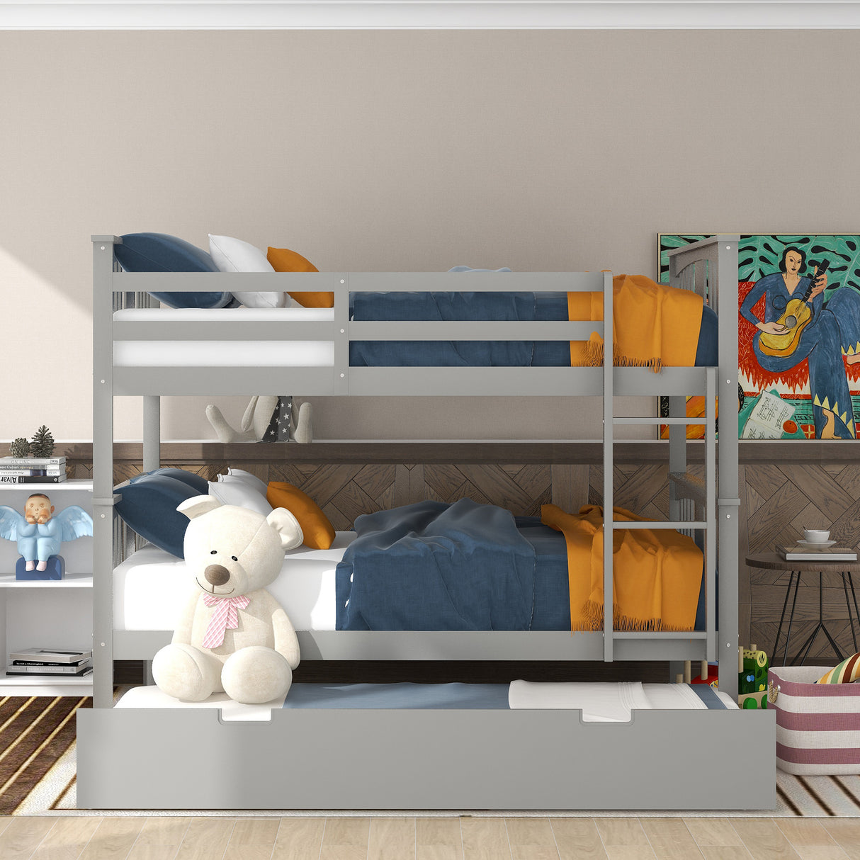 Full over Full Bunk Bed with Twin Size Trundle and Ladder-Gray(Old SKU: LP000204AAE) - Home Elegance USA