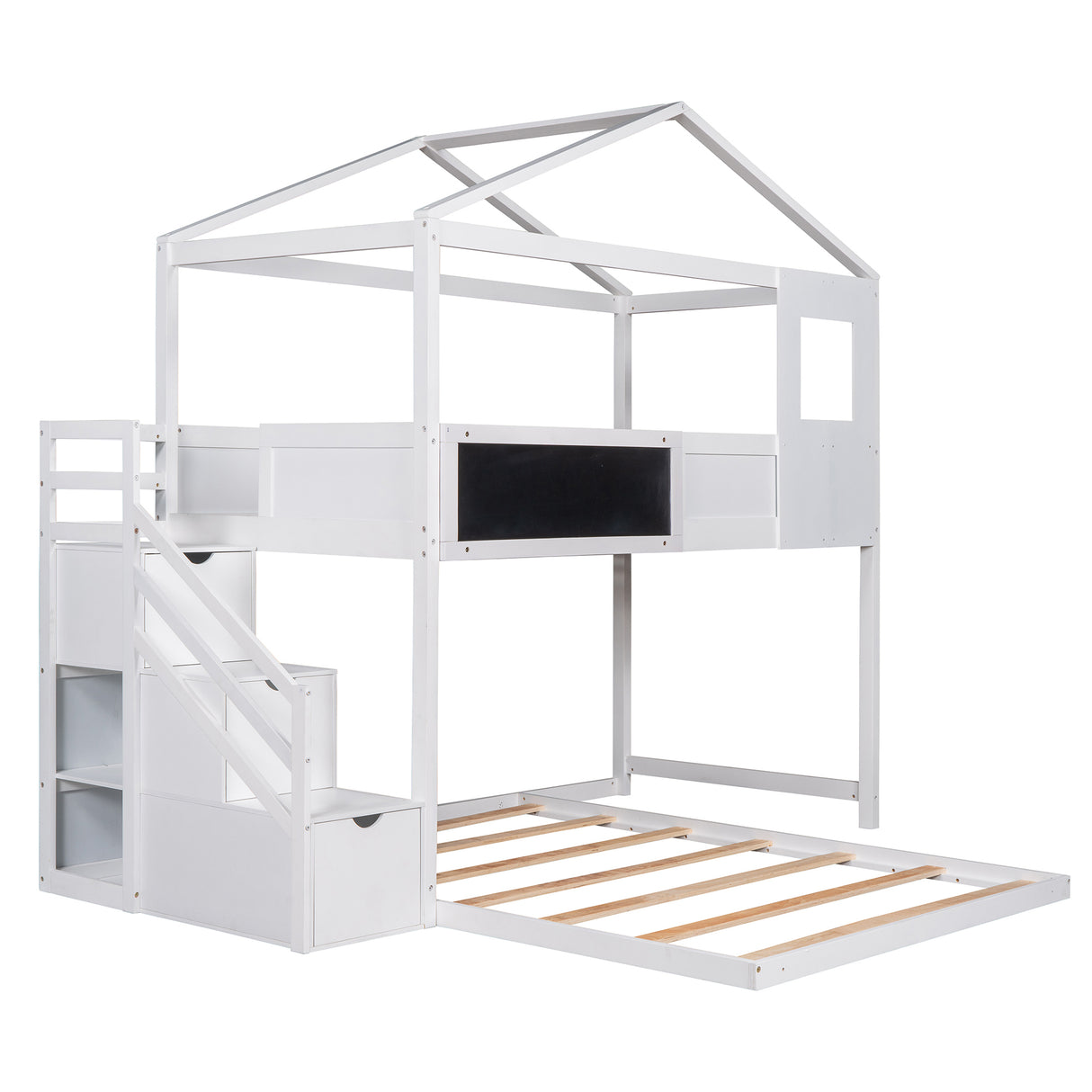 Twin over Full House Bunk Bed with Storage Staircase and Blackboard,White - Home Elegance USA