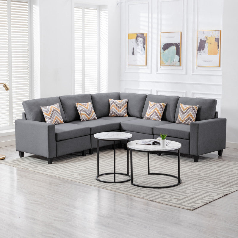 Nolan Gray Linen Fabric 5Pc Reversible Sectional Sofa with Pillows and Interchangeable Legs - Home Elegance USA