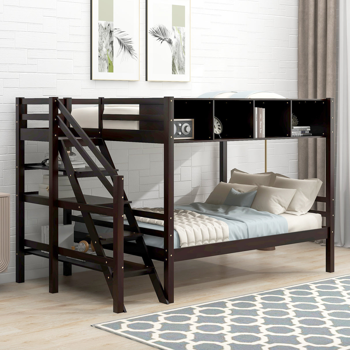 Twin over Full Bunk Bed with Staircase and Built-in Storage Cabinets,Espresso - Home Elegance USA