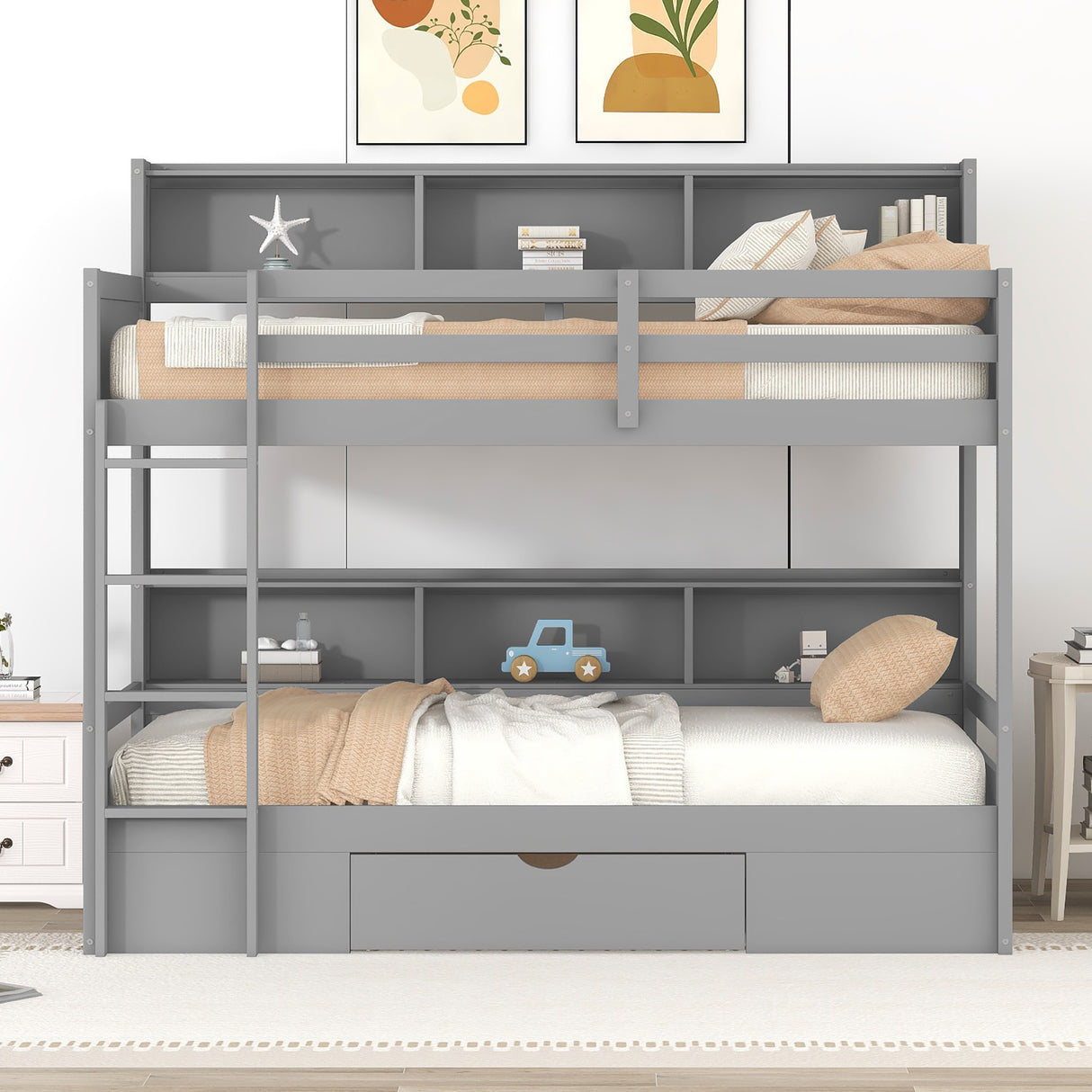Twin Size Bunk Bed with Built-in Shelves Beside both Upper and Down Bed and Storage Drawer,Gray - Home Elegance USA