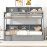 Twin Size Bunk Bed with Built-in Shelves Beside both Upper and Down Bed and Storage Drawer,Gray - Home Elegance USA