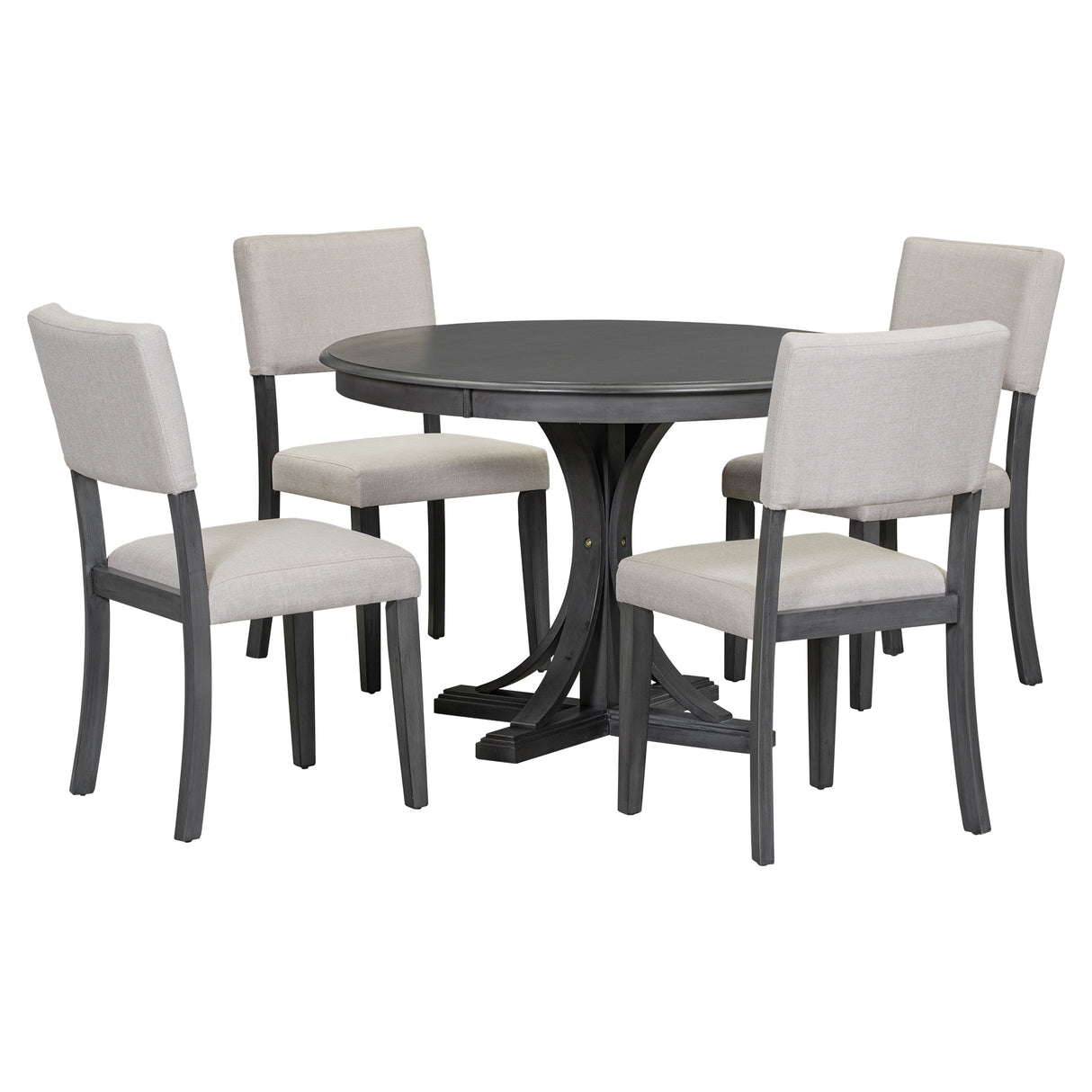 TREXM 5-Piece Retro Round Dining Table Set with Curved Trestle Style Table Legs and 4 Upholstered Chairs for Dining Room (Dark Gray) - Home Elegance USA