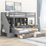 Twin XL over Full Bunk Bed with Built-in Storage Shelves, Drawers and Staircase,Gray - Home Elegance USA