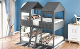 Full Over Full WoodBunk Bed with Roof, Window, Guardrail, Ladder (Gray)( old sku: LP000031AAN ) - Home Elegance USA