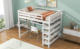 Full Size Loft Bed with Storage Shelves and Under-bed Desk, White - Home Elegance USA