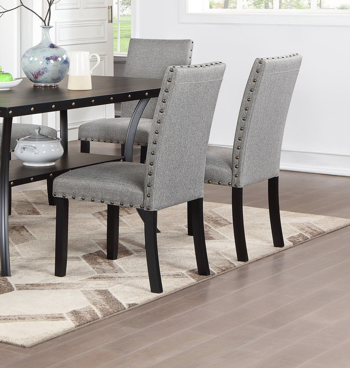 Modern Classic Dining Room Furniture Natural Wooden Rectangle Top Dining Table 6x Side Chairs Gray Fabric Nail heads Trim and Storage Shelve 7pc Dining Set - Home Elegance USA