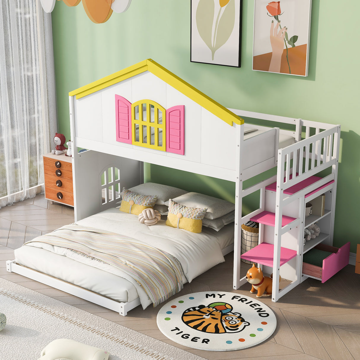 Twin over Full House Bunk Bed with Pink Staircase and Drawer,  Shelves Under the Staircase, House Shaped Bed with Windows, White - Home Elegance USA