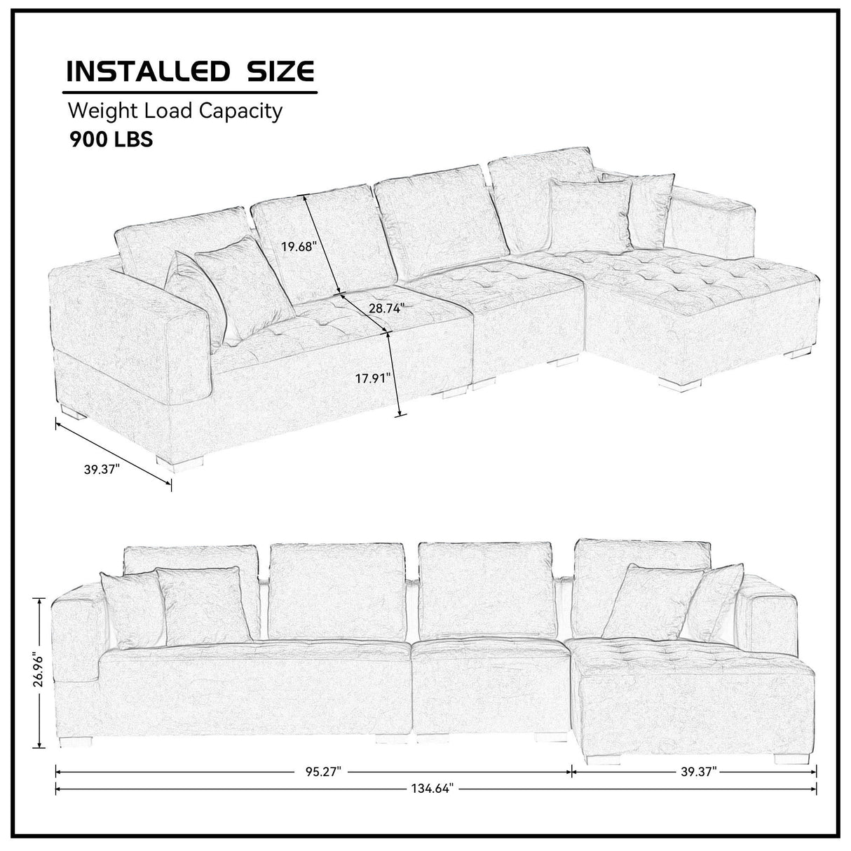 Right Chaise 134'' Mid Century Modern Sofa Couch for Living Room Sofa, Beige - Home Elegance USA