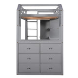 Twin Size Loft Bed with Wardrobe and Drawers, attached Desk with Shelves, Gray - Home Elegance USA