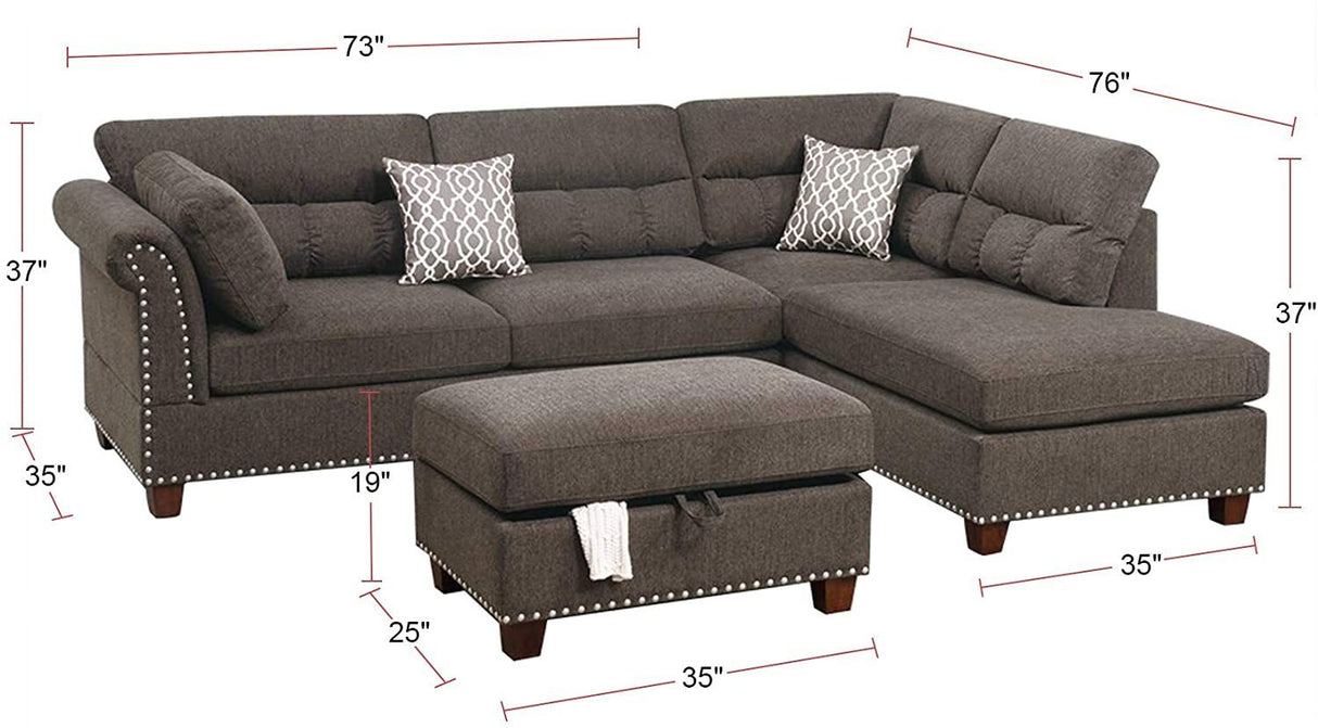 Sectional sofa Tan Color Velvet Fabric Reversible Chaise Sofa Sectional w Pillows Cocktail Storage Ottoman 3pc Set - Home Elegance USA