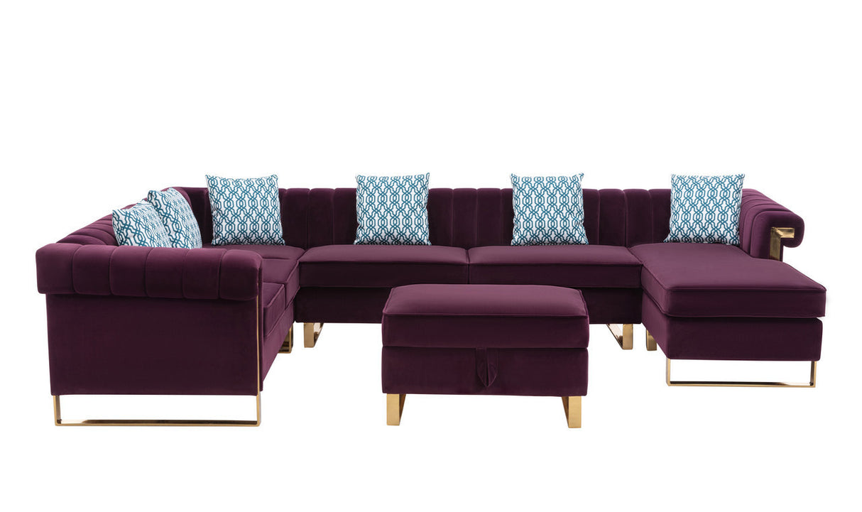 Maddie Purple Velvet 7-Seater Sectional Sofa with Reversible Chaise and Storage Ottoman - Home Elegance USA