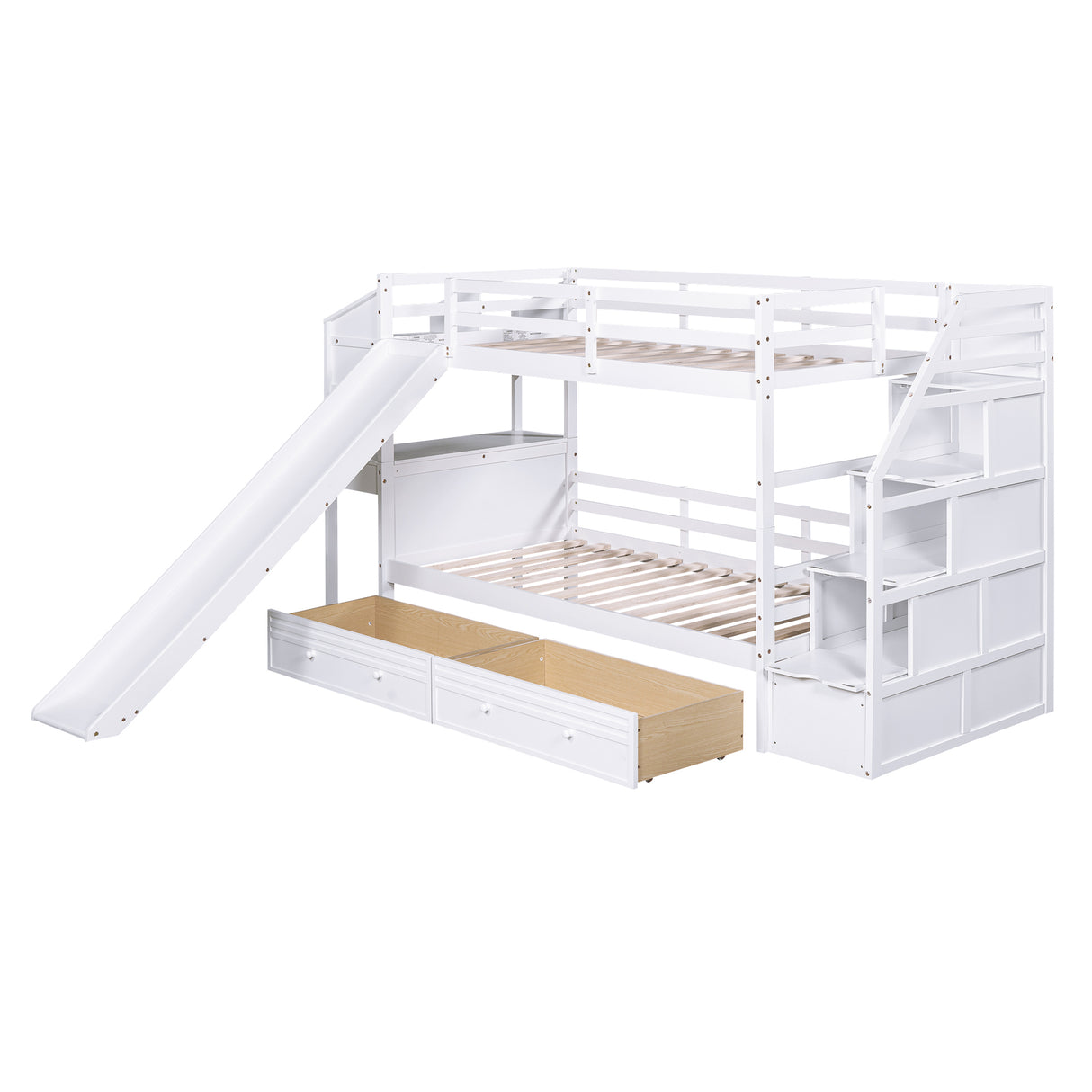 Twin over Twin Bunk Bed with Storage Staircase, Slide and Drawers, Desk with Drawers and Shelves, White - Home Elegance USA