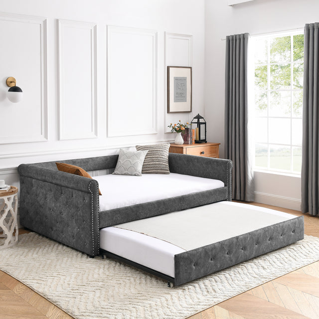 Daybed with Trundle Upholstered Tufted Sofa Bed, with Button and Copper Nail on Arms，Full Daybed & Twin Trundle, Grey（85.5“x57”x30.5“） Home Elegance USA