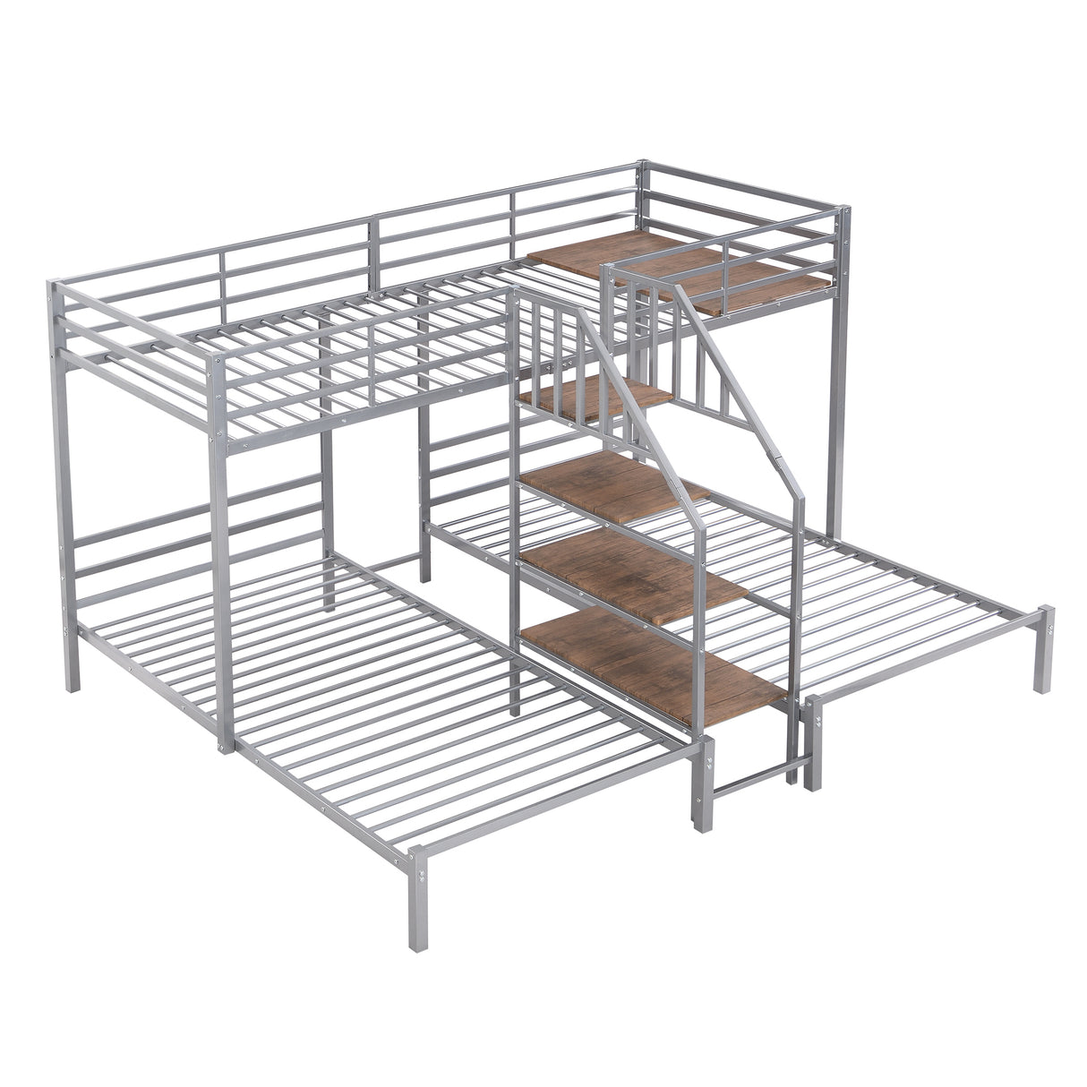 Metal Twin over Twin & Twin Bunk Bed, Triple Bunk Bed with Storage Shelves Staircase, Silver - Home Elegance USA