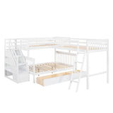 Twin over Full L-Shaped Bunk Bed With 3 Drawers, Ladder and Staircase - White - Home Elegance USA