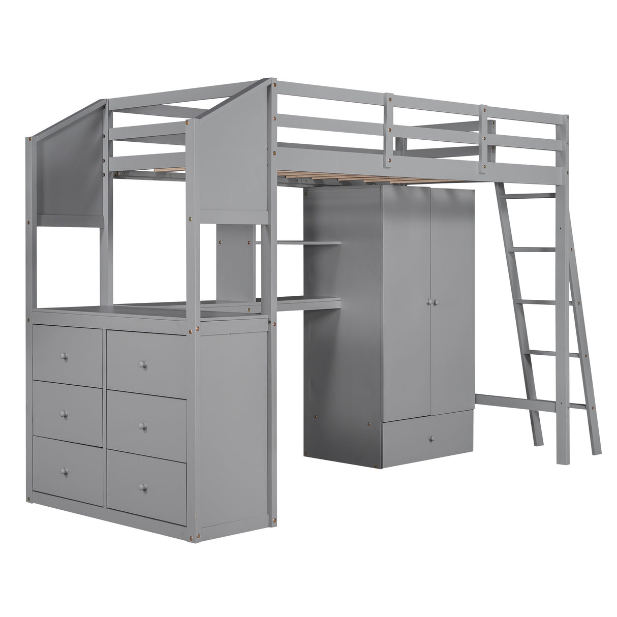 Twin Size Loft Bed with Wardrobe and Drawers, attached Desk with Shelves, Gray - Home Elegance USA