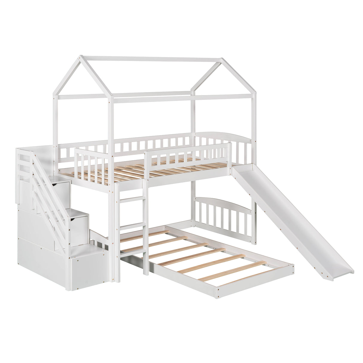 Twin Over Twin Bunk Bed with Two Drawers and Slide, House Bed with Slide, White(OLD SKU :LP000129AAK) - Home Elegance USA