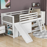 Low Loft Bed with Attached Bookcases and Separate 3-tier Drawers,Convertible Ladder and Slide,Twin,White - Home Elegance USA