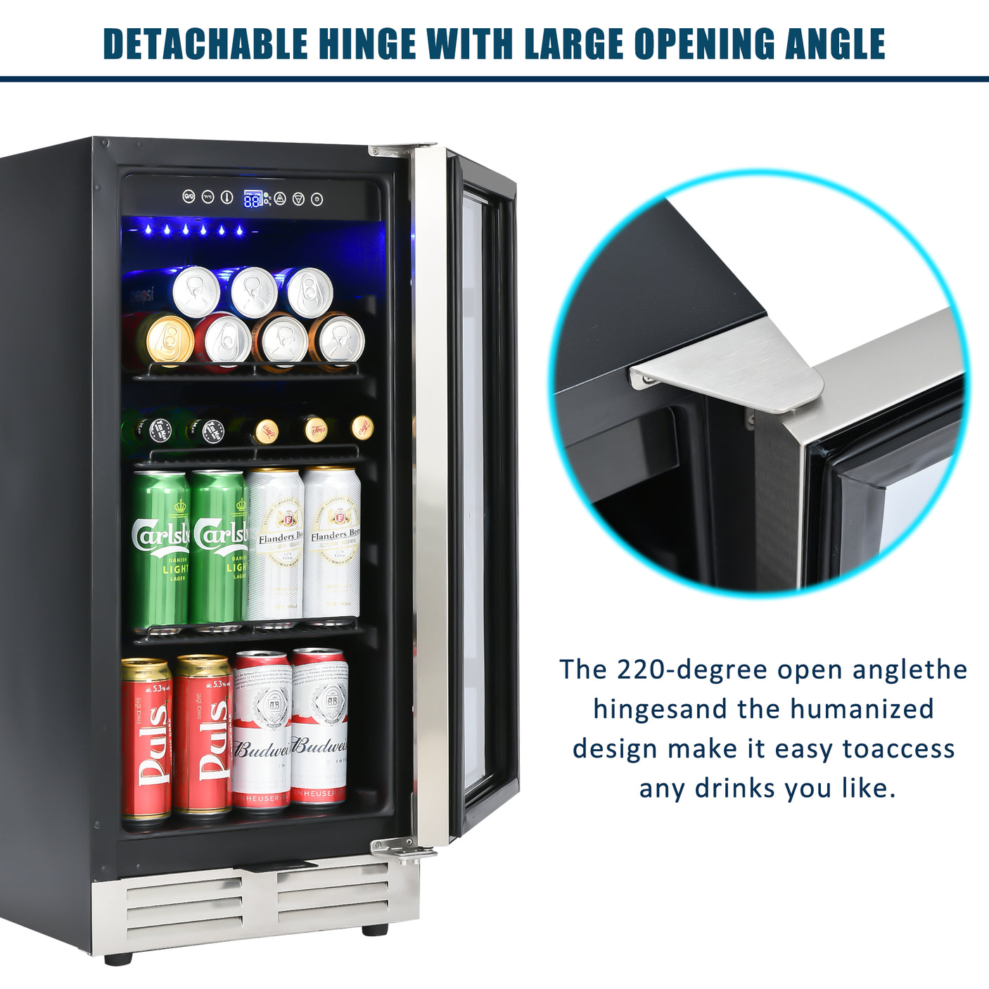 Built-in and Freestanding 15" Mini Beverage Refrigerator/Wine Cabinet, 120 Cans, 34-65°F, Quiet, Adjustable Shelves, LED Lighting, ETL , Touch Controls, Defrost, Double Glass Door, Kitchen/Bar /office