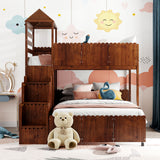 Stairway Twin Over Full Bunk Bed, House Bed with Two Shelves and Seven Drawers,Walnut - Home Elegance USA