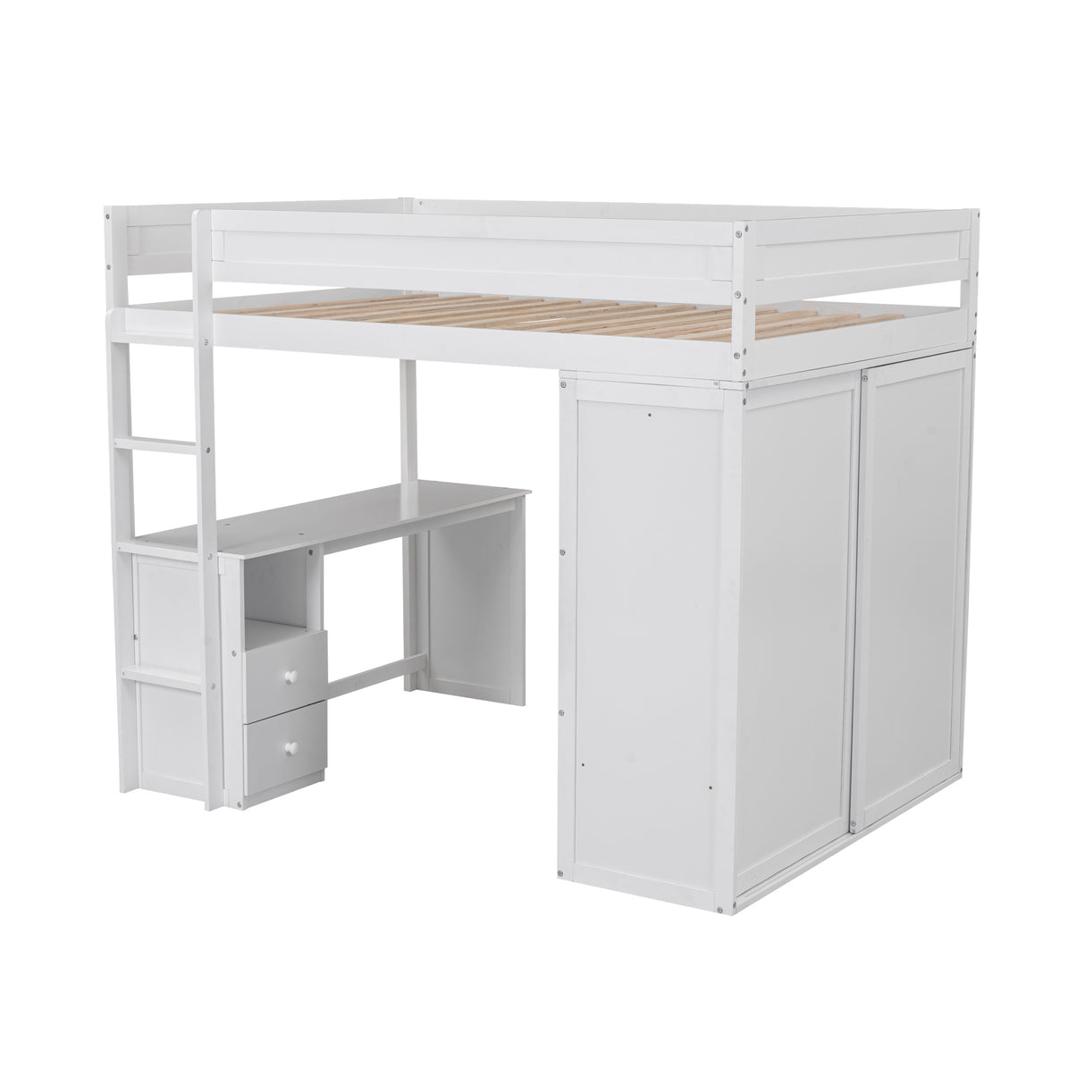 Wood Full Size Loft Bed with Wardrobes and 2-Drawer Desk with Cabinet, White - Home Elegance USA