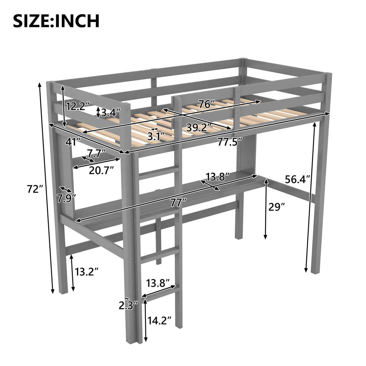 Twin Size Loft Bed with Convenient Desk, Shelves, and Ladder, White(Similar SKU:SM001302AAE) - Home Elegance USA