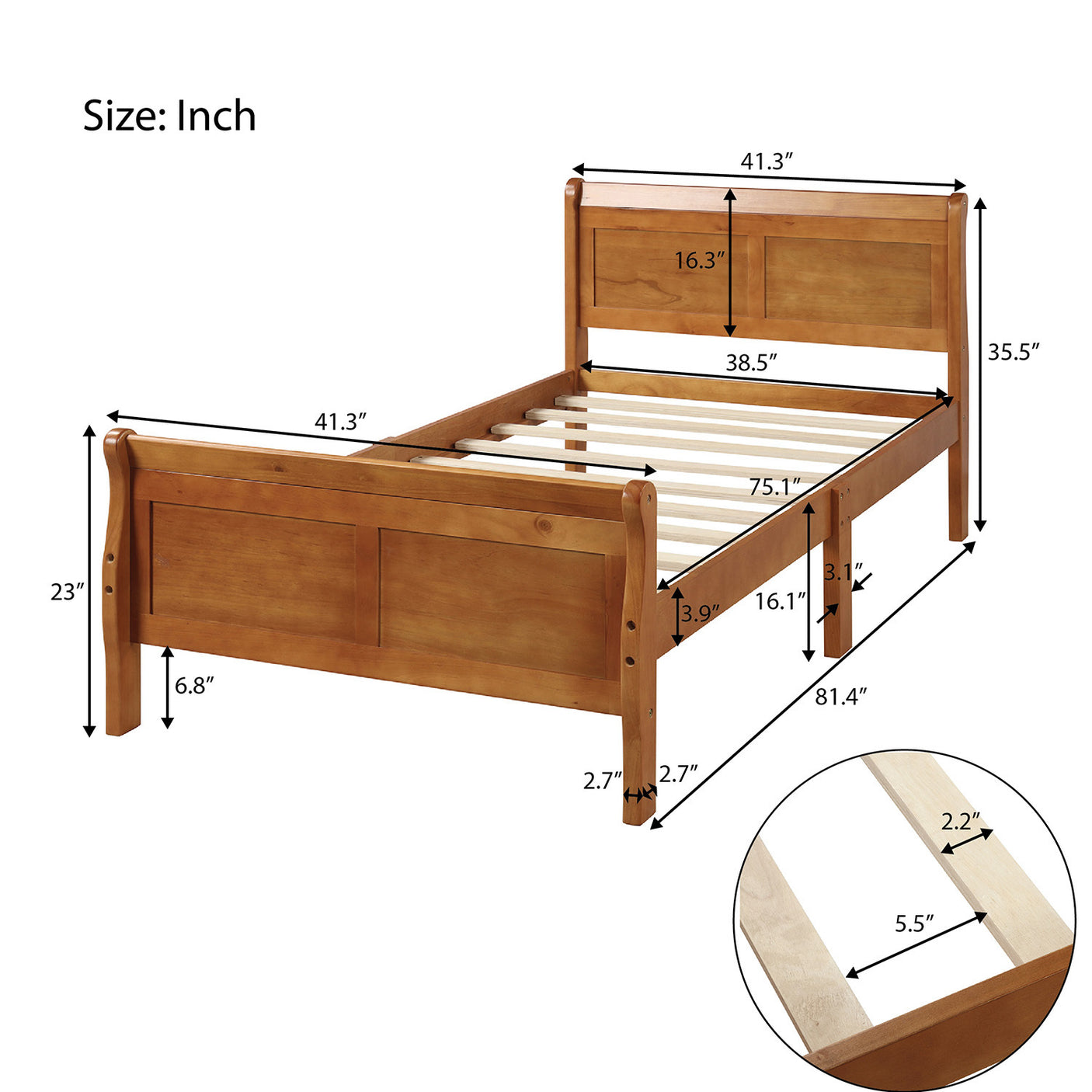 Wood Platform Bed Twin Bed Frame Mattress Foundation Sleigh Bed with Headboard/Footboard/Wood Slat Support - Home Elegance USA