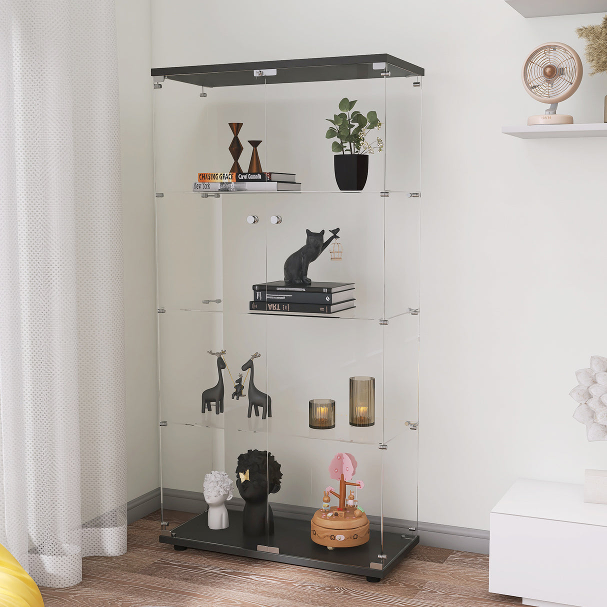Two-door Glass Display Cabinet 4 Shelves with Door, Floor Standing Curio Bookshelf for Living Room Bedroom Office, 64.56” x 31.69”x 14.37”, Black Home Elegance USA