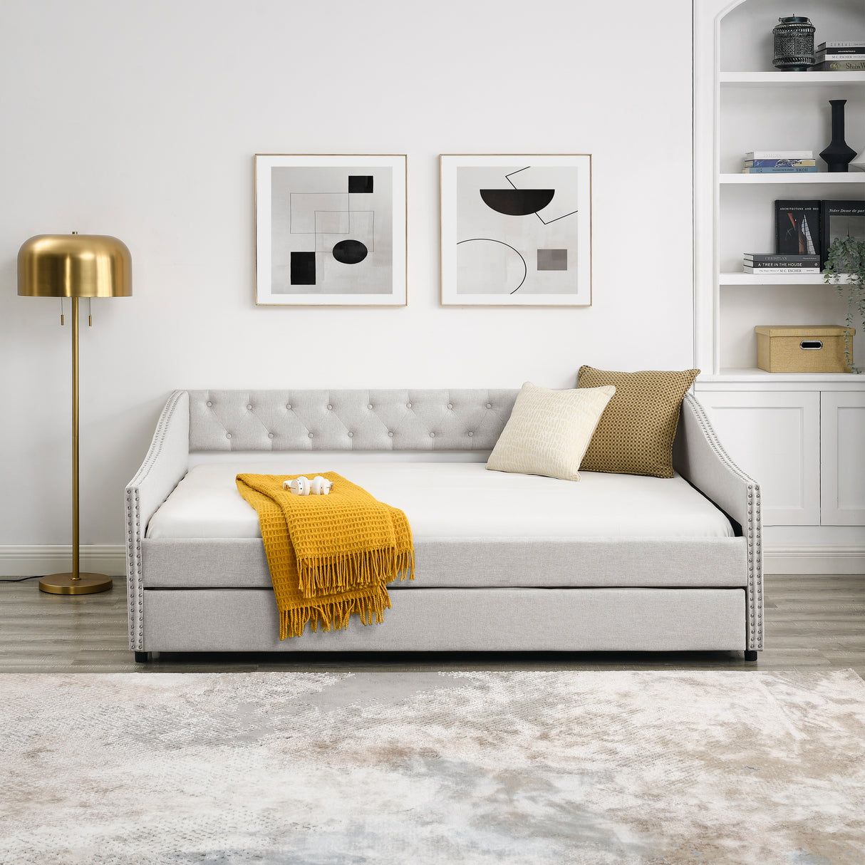 Full Size Daybed with Twin Size Trundle Upholstered Tufted Sofa Bed, with Button on Back and Copper Nail on Waved Shape Arms,Beige (80.5"x55.5"x27.5") Home Elegance USA