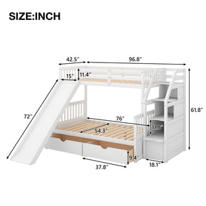 Twin over Full Bunk Bed with Drawers,Storage and Slide, Multifunction, White - Home Elegance USA