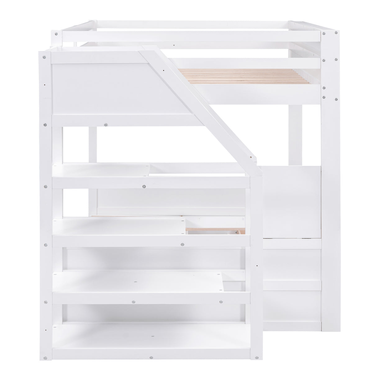 Wood Full Size Convertible Bunk Bed with Storage Staircase, Bedside Table, and 3 Drawers, White - Home Elegance USA