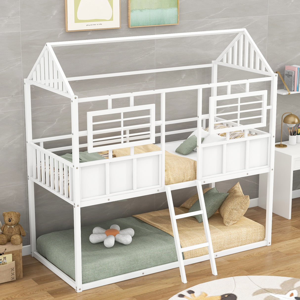 Twin over Twin Size Metal Low Bunk Beds with Roof and Fence-shaped Guardrail, White - Home Elegance USA