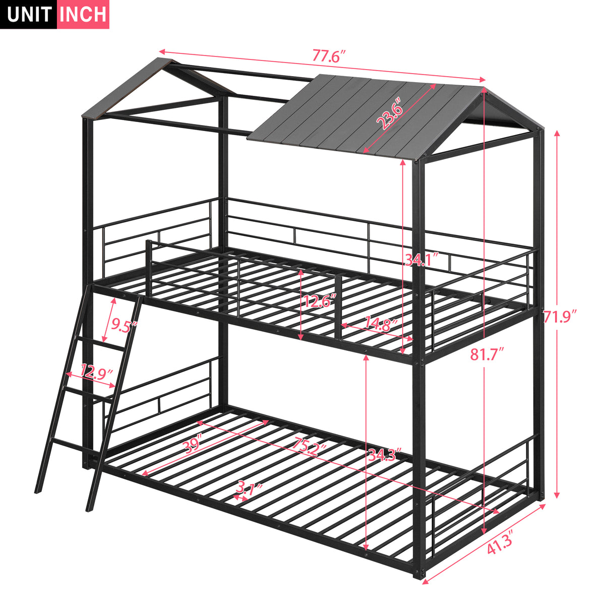 Twin Over Twin Bunk Bed Metal Bed with Half Roof, Guardrail and Ladder Black - Home Elegance USA