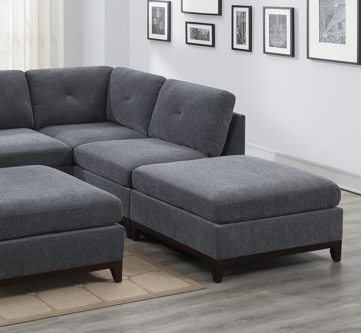 Ash Grey Chenille Fabric Modular Sectional 6pc Set Living Room Furniture Corner L - Sectional Couch 2x Corner Wedge 2x Armless Chairs and 2x Ottomans Tufted Back Exposed Wooden Base | Home Elegance USA