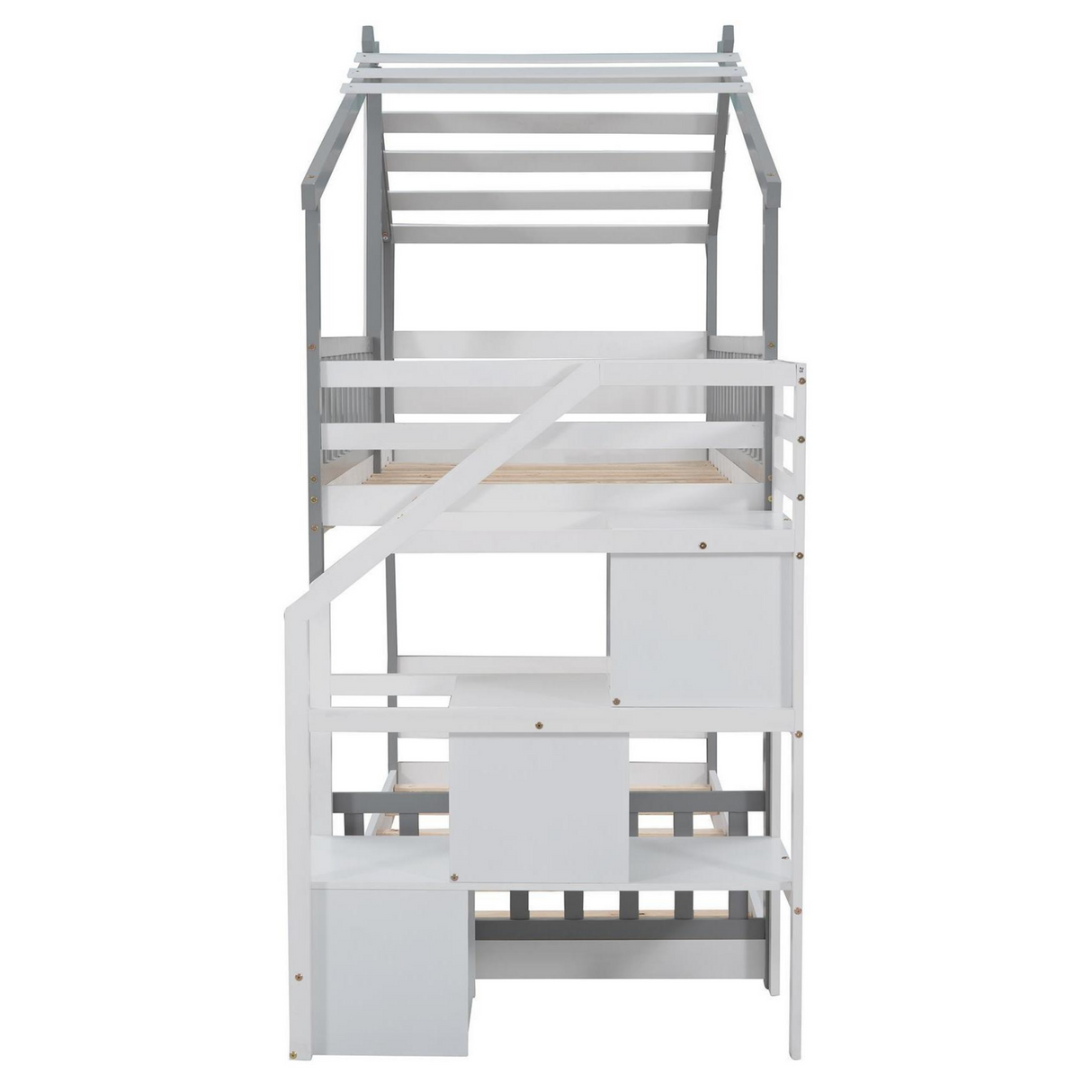 Stairway Twin-Over-Twin Bunk Bed,House Bed,Storage and Guard Rail,Gray Bed +White Stair - Home Elegance USA