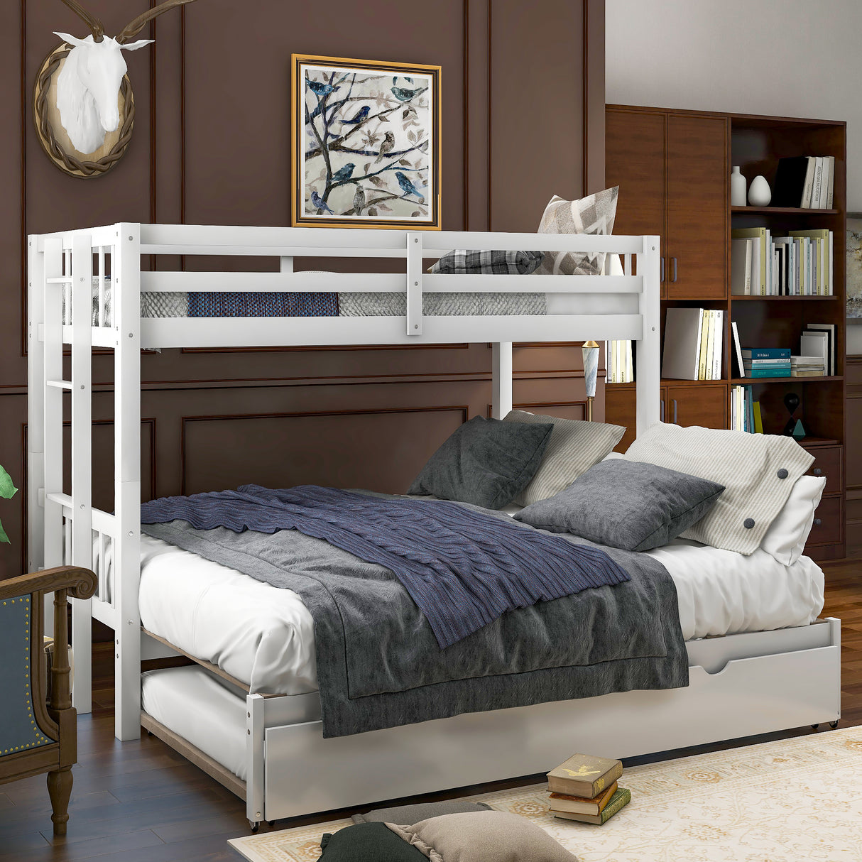 Twin over Pull-out Bunk Bed with Trundle, White - Home Elegance USA