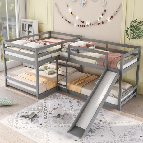 Full and Twin Size L-Shaped Bunk Bed with Slide and Short Ladder,Gray - Home Elegance USA