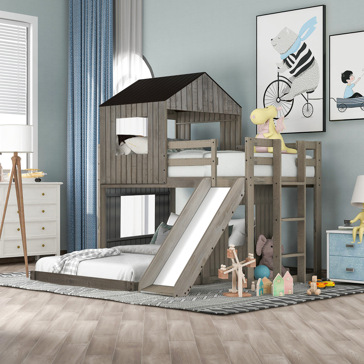 Wooden Twin Over Full Bunk Bed, Loft Bed with Playhouse, Farmhouse, Ladder, Slide and Guardrails, Antique Gray(OLD SKU :LT000028AAE) - Home Elegance USA