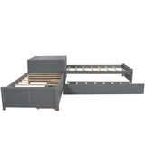 L-shaped Platform Bed with Trundle and Drawers Linked with built-in Flip Square Table,Twin,Gray - Home Elegance USA